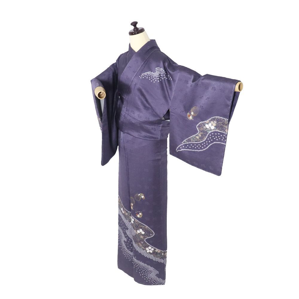 訪問着 袷 正絹 紺 絞り 梅 鹿の子 流水 刺繍 桜 金箔 雪輪文 オミナエシ 桔梗 Lサイズ ki 31381 レディース シルク