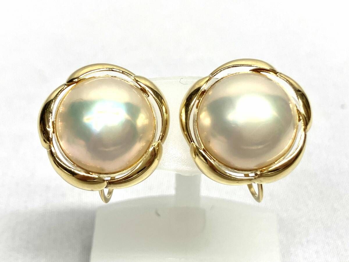 K 18 ハーフパール イヤリング 4.9 g H 1.6×W 1.6 cm ソーティング付 ネジ式 フラワーモチーフ 誕生石