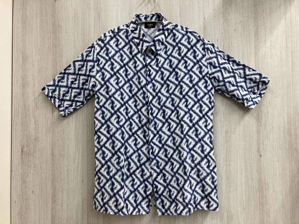 FENDIズッカ柄 FS 0795 麻 半袖シャツ 39 リネン フェンディ 紺 白 トップス メンズ FF