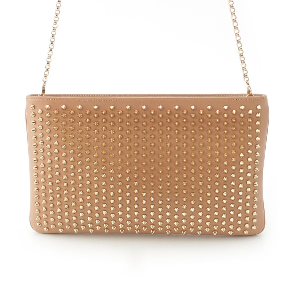 クリスチャンルブタン レザー スパイクスタッズ チェーン クラッチ ショルダーバッグ ベージュ