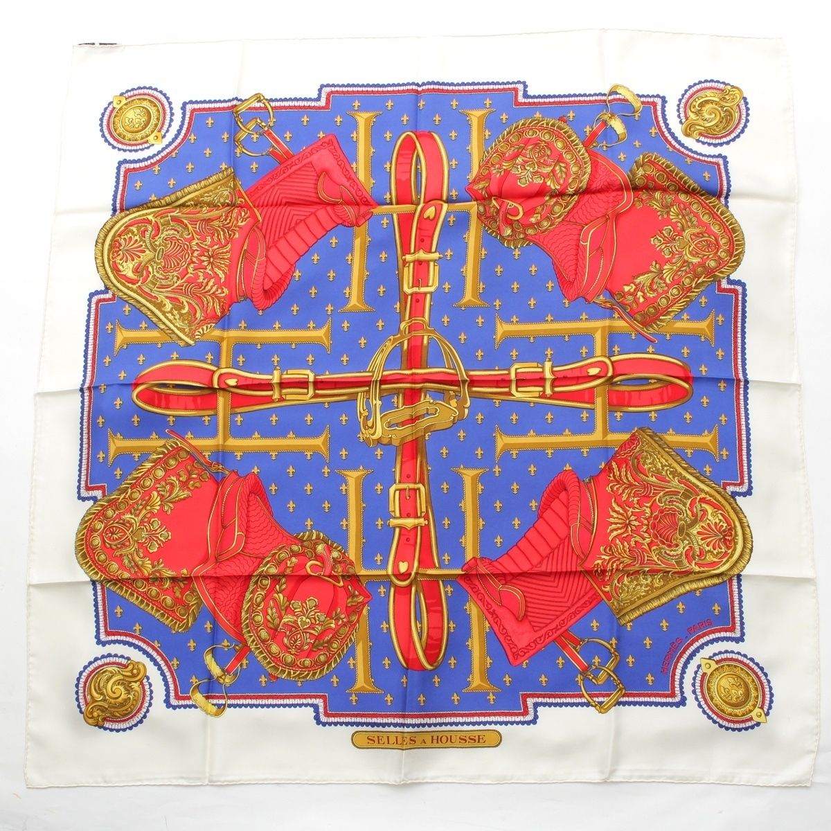 エルメス カレ90 SELLES A HOUSSE カバーへの腰かけ シルク スカーフ ホワイト マルチ