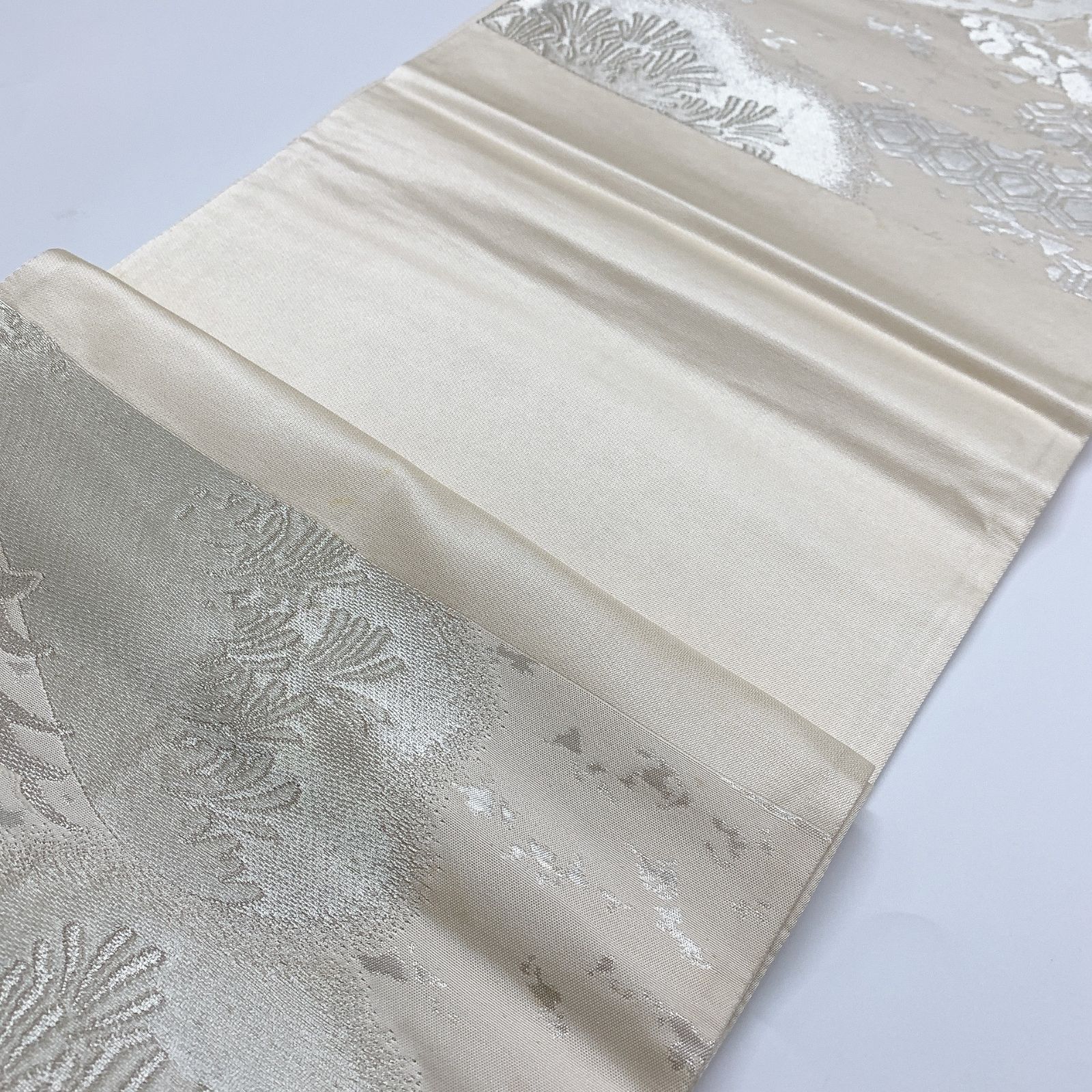 6074］袋帯 松亀甲霞文様 銀彩 シルバー 六通 正絹 着物 フォーマル