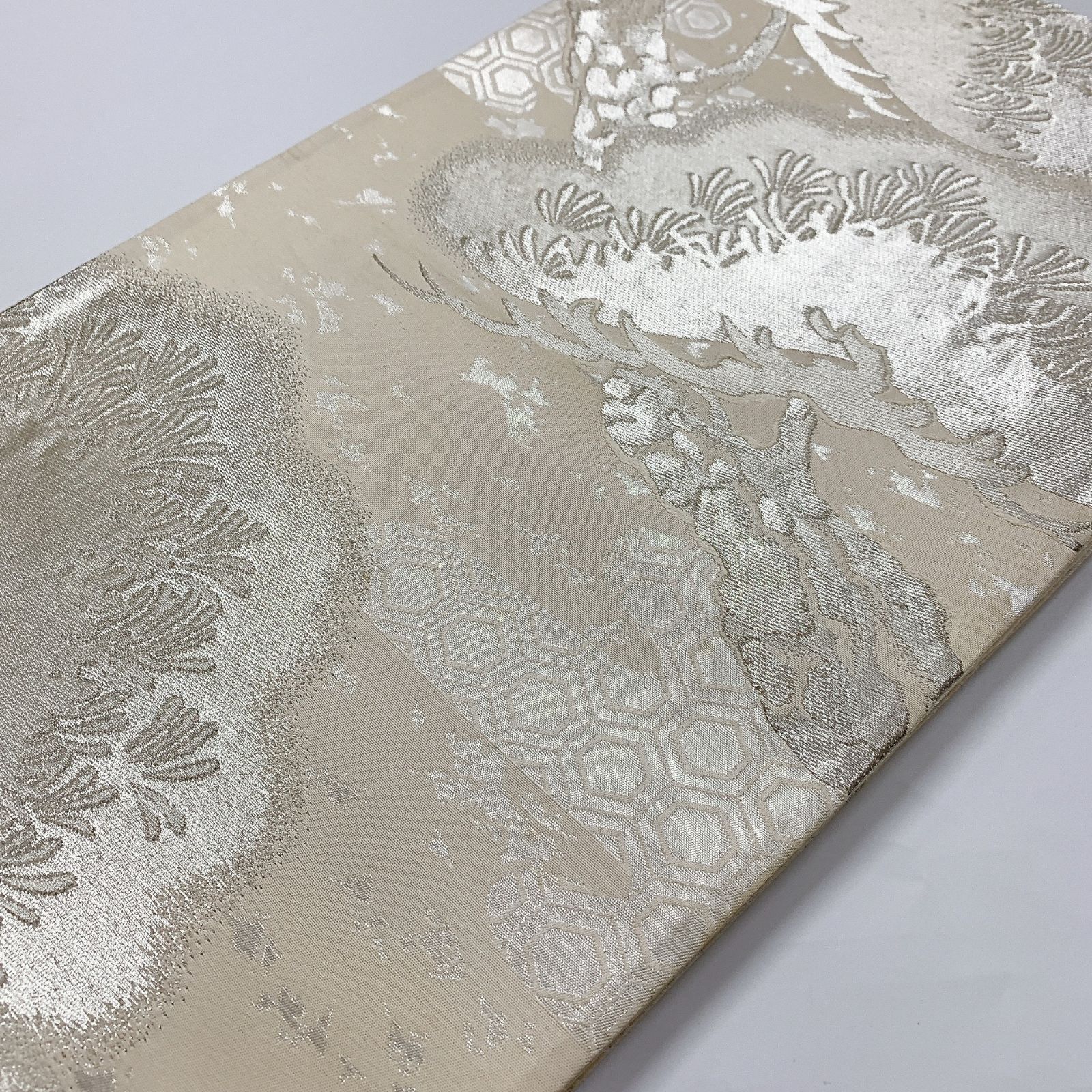 6074］袋帯 松亀甲霞文様 銀彩 シルバー 六通 正絹 着物 フォーマル