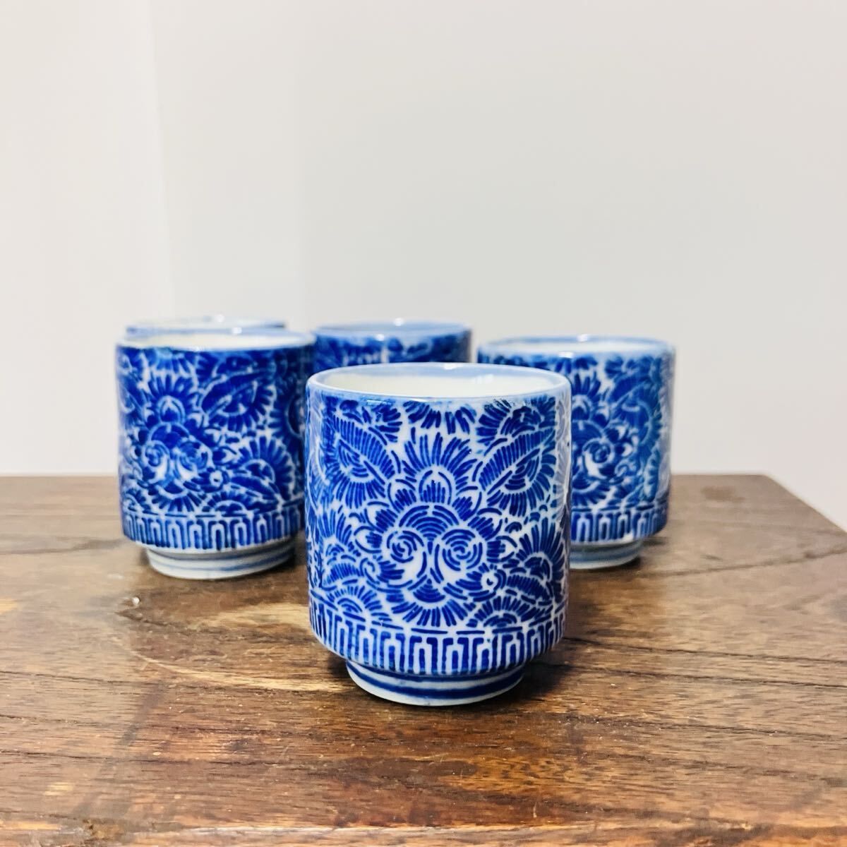 明治印判 伊万里焼 染付唐草文様のぞき猪口5客揃 時代器 骨董 ｜雑貨屋