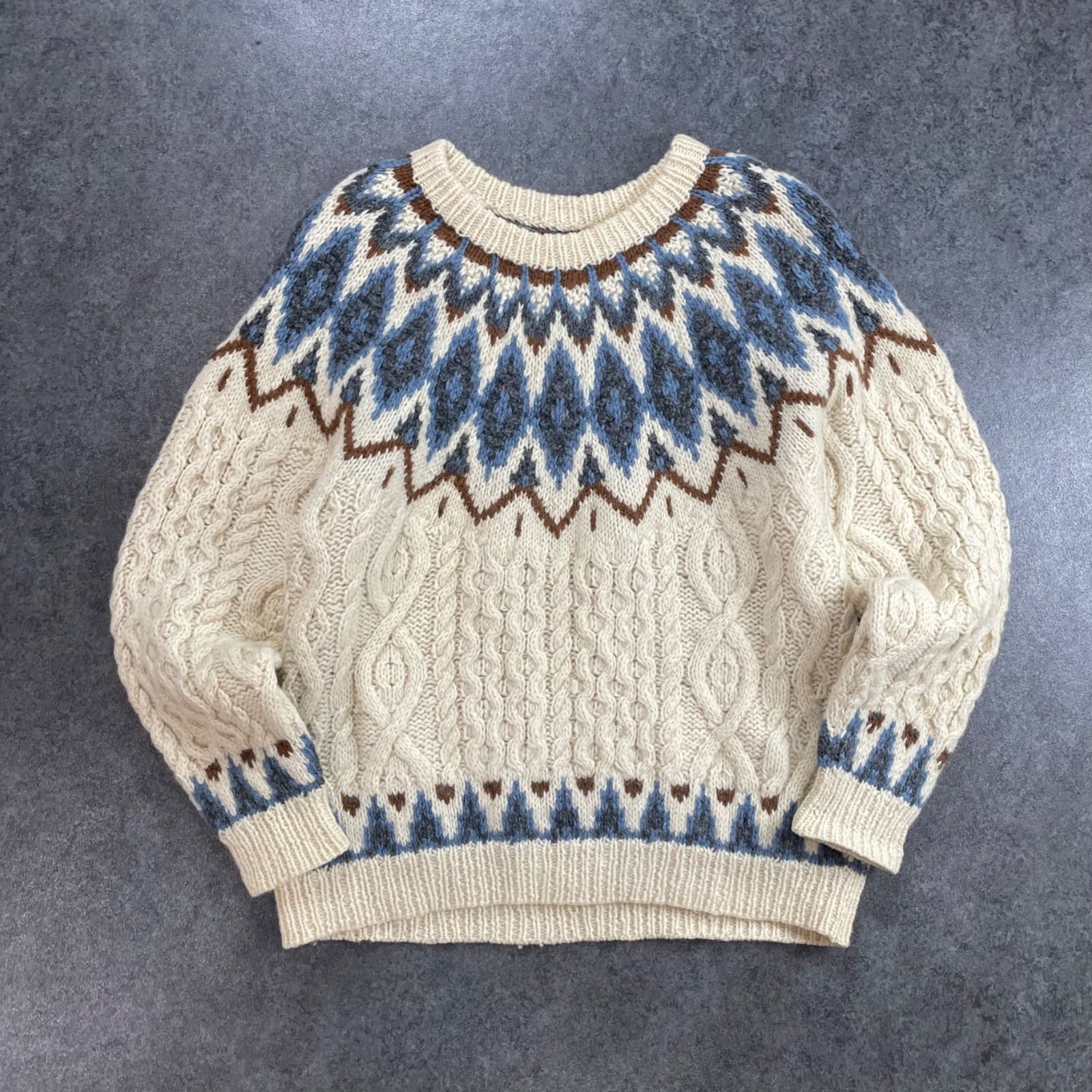 Vintage Nordic Sweater Cable Hand Knit Multicolore ヴィンテージ ノルディックセーター 厚手 ケーブル チェーン ニット クルーネック マルチカラー