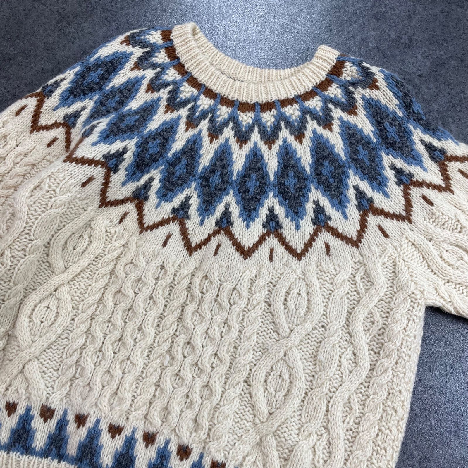 Vintage Nordic Sweater Cable Hand Knit Multicolore ヴィンテージ ノルディックセーター 厚手 ケーブル チェーン ニット クルーネック マルチカラー