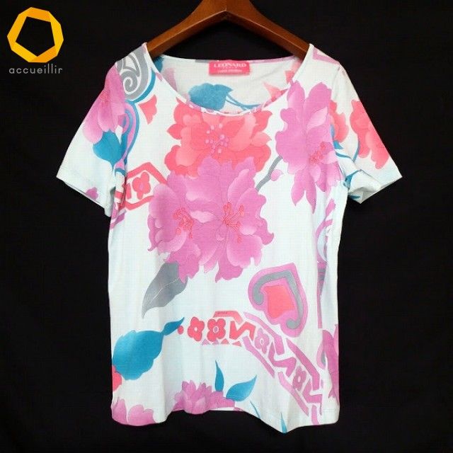 snc レオナール LEONARD ラベルフューシャ LABEL FUCHSIA カットソー 36 水色 ピンク Tシャツ 半袖 柄 イタリア製 レディース 894544