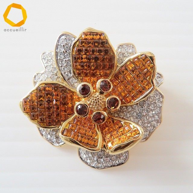 anza スワロフスキー Swarovski ブローチ 花 フラワー オレンジ