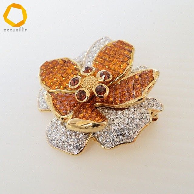 anza スワロフスキー Swarovski ブローチ 花 フラワー オレンジ