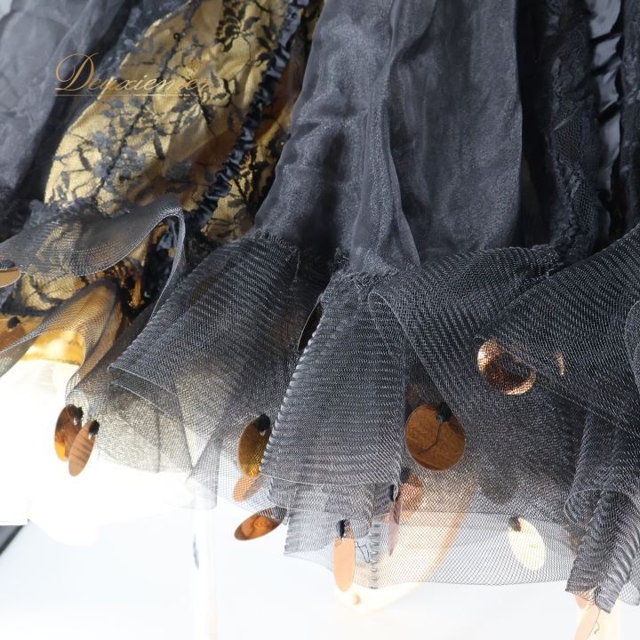 社交ダンス 衣装 サピエル Sapiel ドレス ワンピース 黒 金 ゴールド フリル レース フロート ブラック系 ゴールド系 デモ 競技 ダンス パーティ 発表会 感 おしゃれ 上品 スカート イタリア製