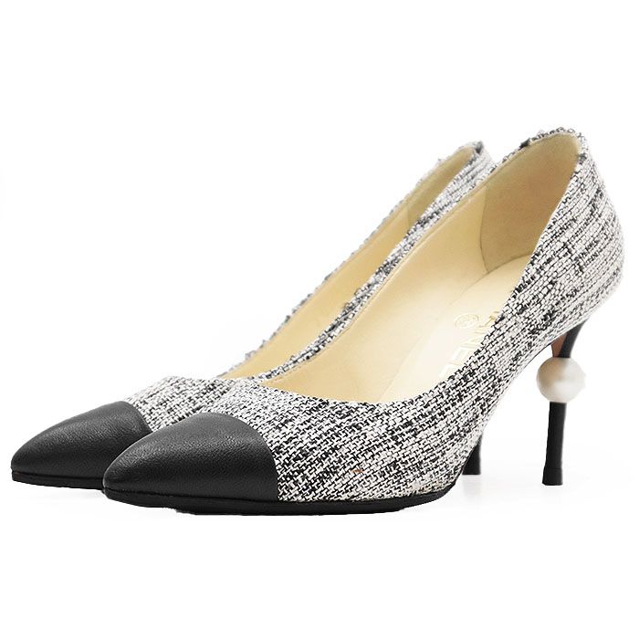 CHANEL シャネル パンプス G 31983 ツイード COCOマーク ハイヒール フェイクパール ポインテッドトゥ シューズ 靴 箱 袋付属 レディース サイズ 36 C モノトーン イタリア製