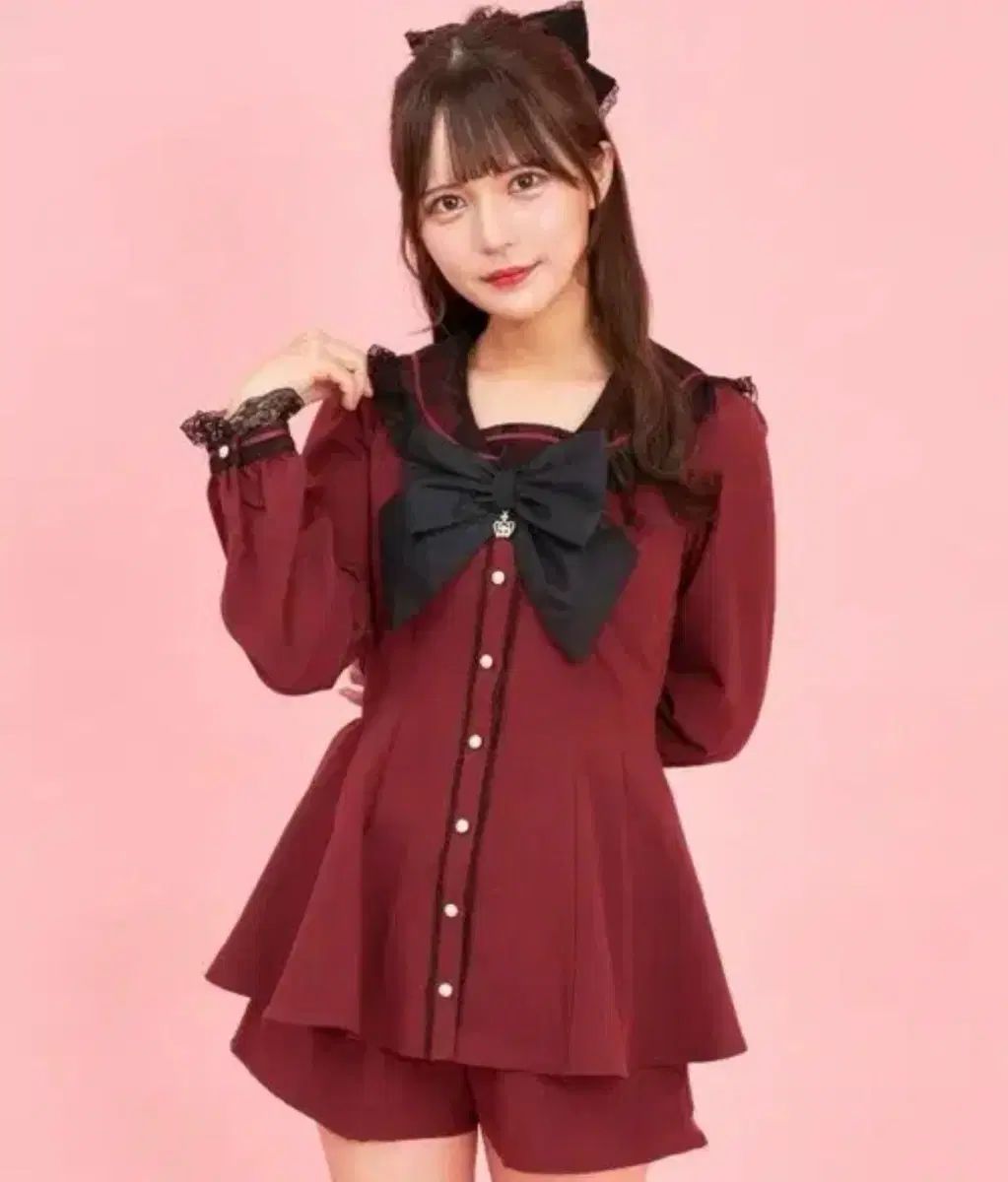 シークレットハニー バーガンディ レース セーラー 長袖 セットアップ 量産型 地雷系 レッド ワイン