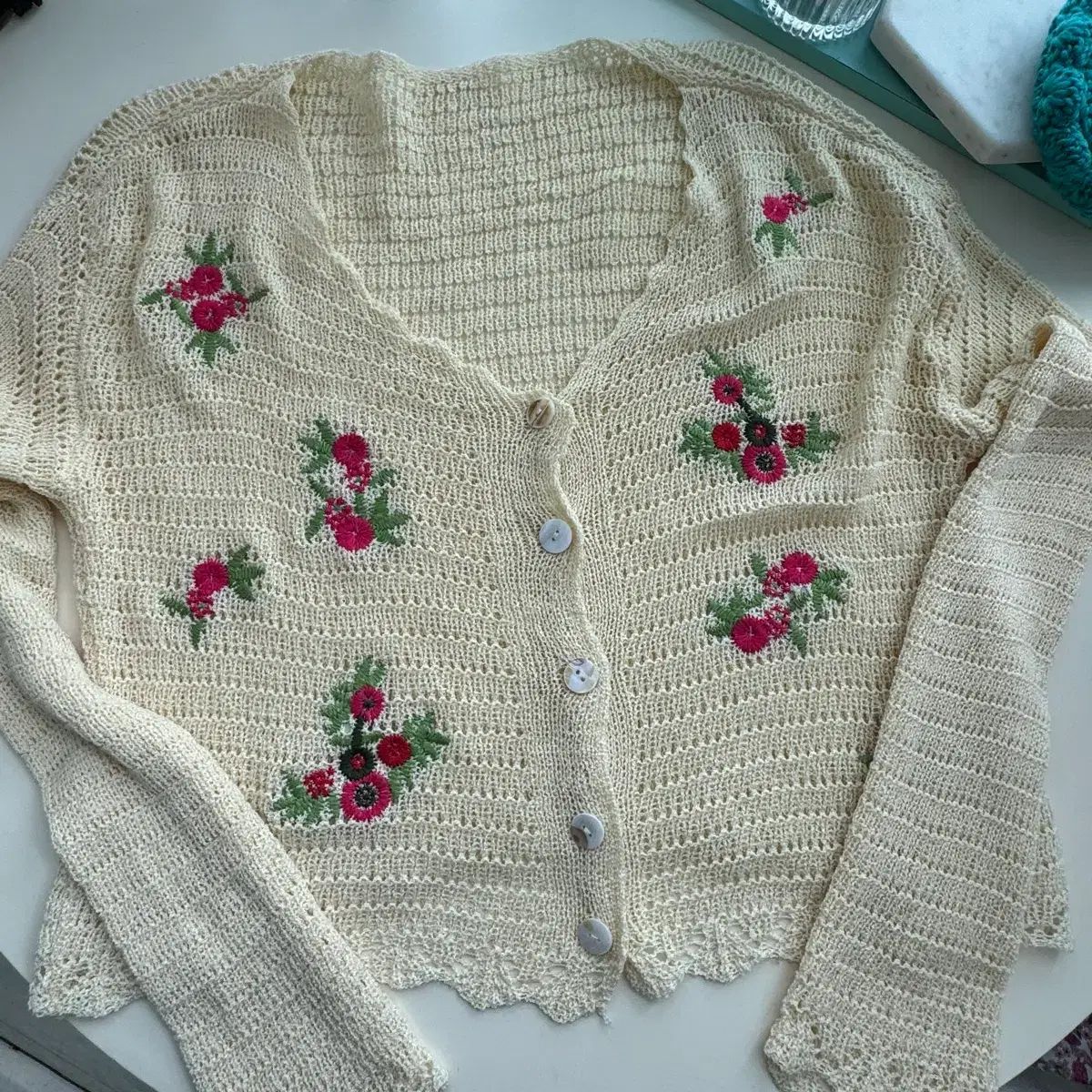 花刺繍ニットカーディガン S 森ガール ヴィンテージスタイル - メルカリ