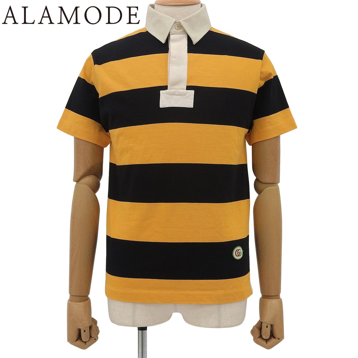 GUCCI グッチ ボーダー ポロシャツ アパレル ファッション トップス 半袖 ラガーシャツ XS コットン イエロー黄 ブラック黒 645251 メンズ アラモード