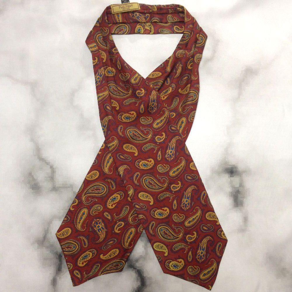 ポール スチュアート Paul Stuart 微光沢 アスコット タイ ネクタイ ペイズリー ワインレッド系 赤系 Q-009221 ゆうパケット
