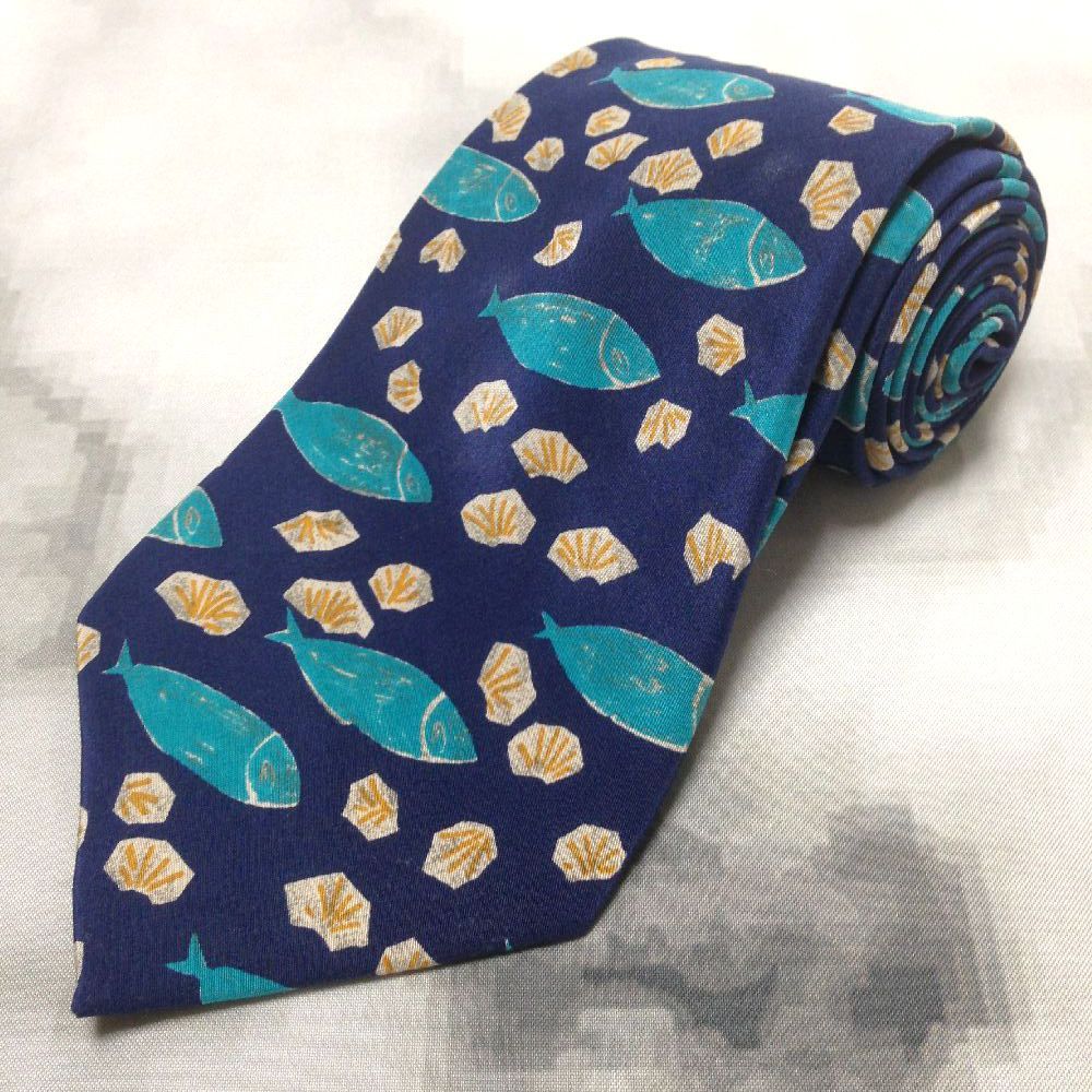 イヴ サンローラン Yves saint Laurent YSL 微光沢 ネクタイ 魚柄 貝柄 マリン系 濃紺系 ネイビー系 Q-009225 ゆうパケット