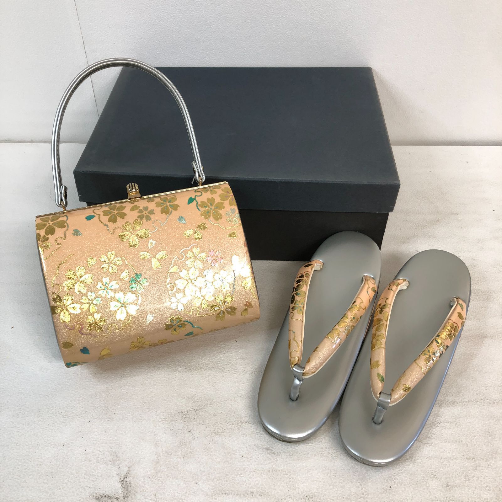 Lサイズ】草履 バッグ セット 24cm 薄オレンジ×ゴールド 花柄 振袖