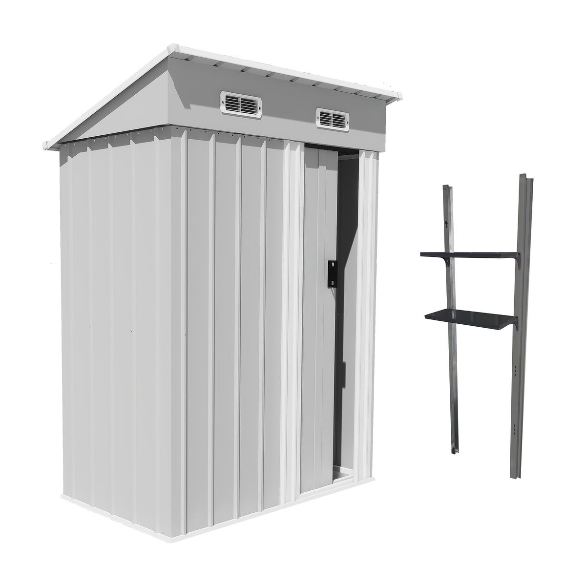 錆びにくい＆防水 屋外用スチール製収納庫 148 x 82 5 193 cm 強化床フレーム 庭 ベランダ 工具入れ DIY用品収納 モダンなグレー 自立式 収納小屋付き