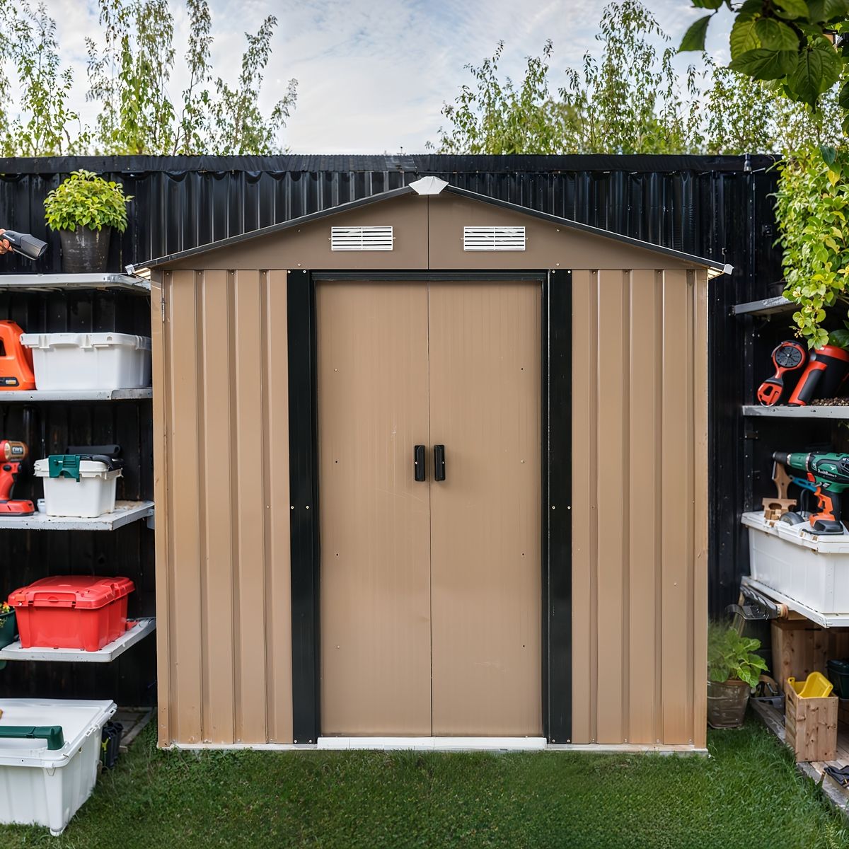 防錆＆防水 スチール製 屋外収納庫 引き戸＆ロック付き 幅184 cm 高さ196 奥行132 ライトブラウン グレー バルコニー 庭 屋外収納棚 耐久性金属構造