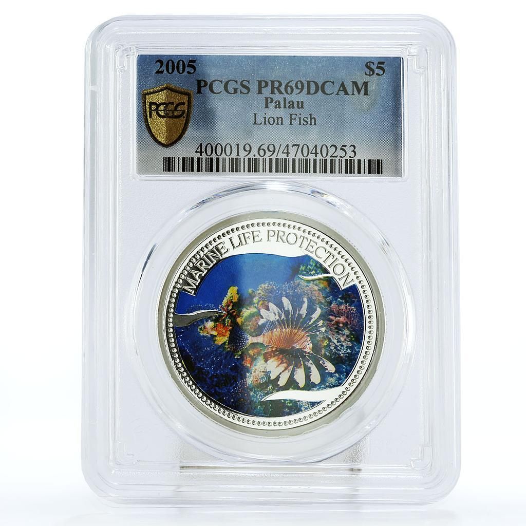パラオ 5ドル 海洋生物保護 ライオンフィッシュ 動物相 PR69 PCGS 銀貨