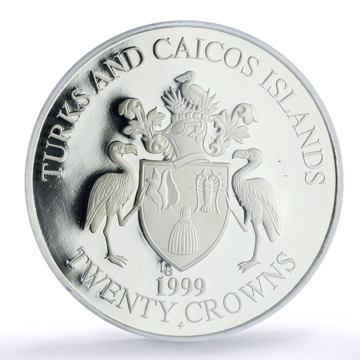 タークス・カイコス諸島 20クラウン 蝶 動物 PR 68 PCGS 銀貨 1999年
