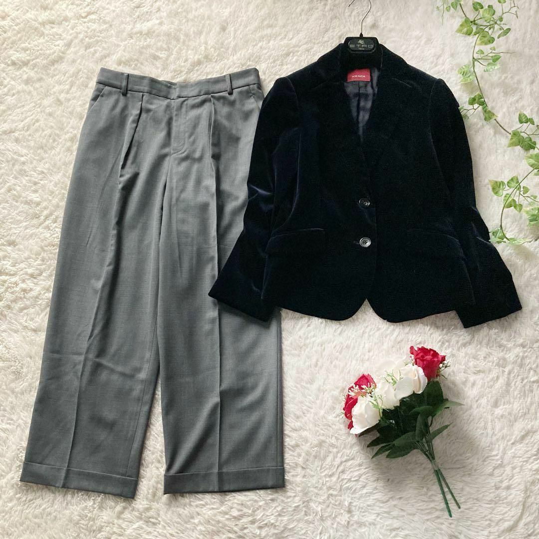 AMACA 23区 パンツスーツ セットアップ ベロアジャケット ベルベット ワイドパンツ 40 Lサイズ相当