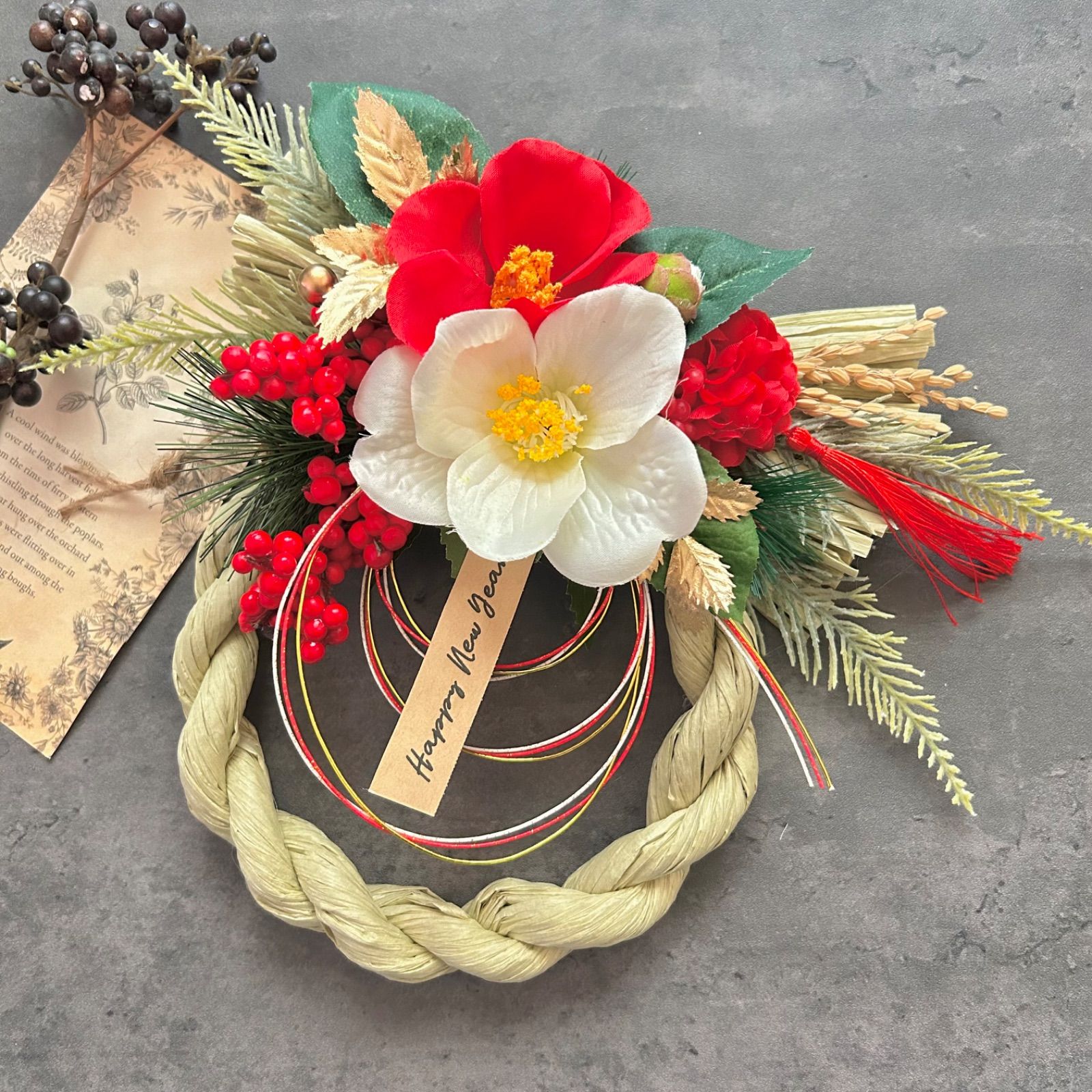 No.183 紅白椿と南天しめ縄リース2026 ハンドメイドお正月飾り玄関