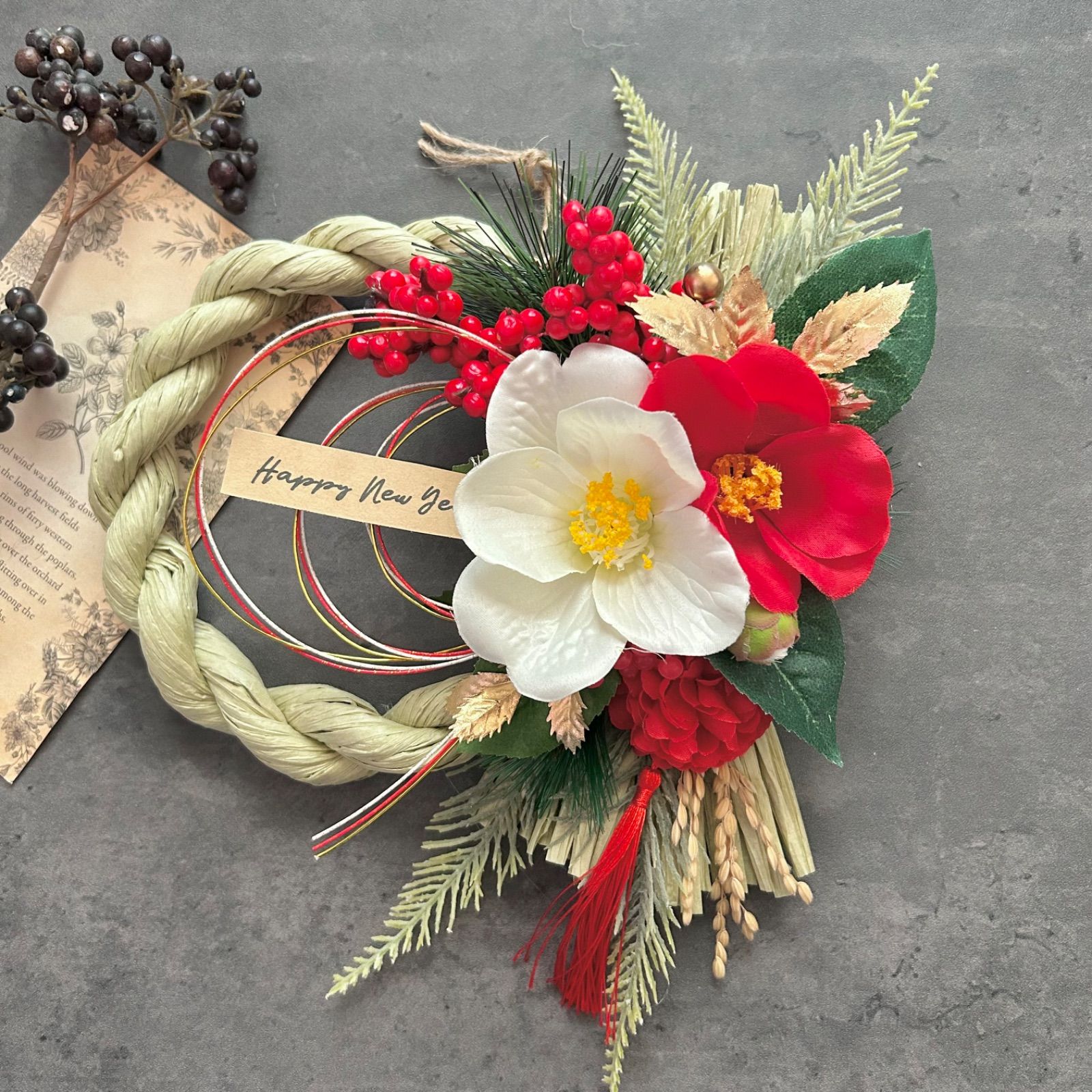 No.183 紅白椿と南天しめ縄リース2026 ハンドメイドお正月飾り玄関