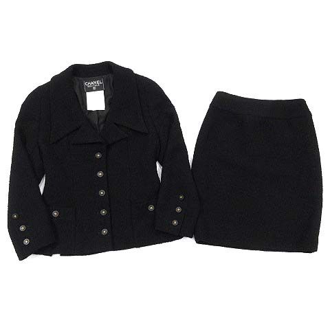 シャネル CHANEL ツイード スカート スーツ 上下 セットアップ ココボタン ココマーク釦 ジャケット ブラック 黒 38 P03329 94P ヴィンテージ