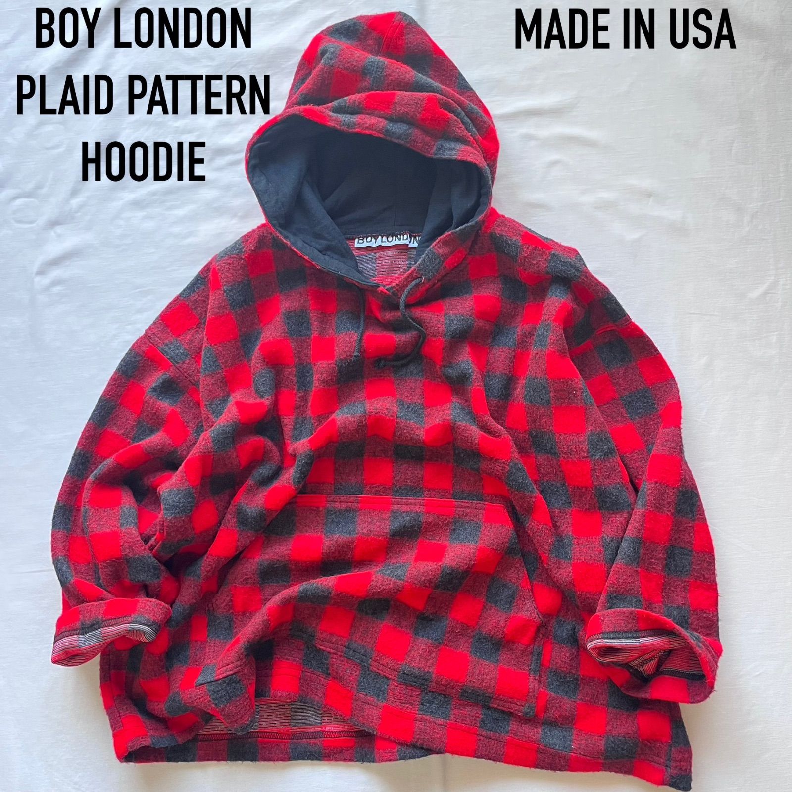 boy london ボーイロンドン パーカー フーディ バッファローチェック 赤黒 ブロックチェック フリース 80 s 90