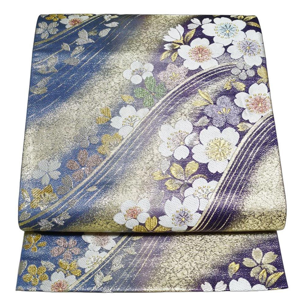 袋帯 振袖用 流水に桜模様 振袖向き きものやまと扱い 金 ラメ糸 紺桔梗 紅桔梗色系 六通柄 リサイクル フォーマル リサイクル着物 帯 正絹 振袖 成人式 着物