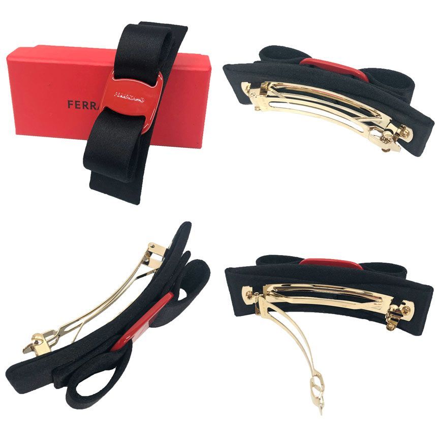新品 フェラガモ リボン バレッタ ブラック レッド 黒 赤 SalvatoreFerragamo フェラガモ ヴァラ リボン バレッタ ブラック×赤