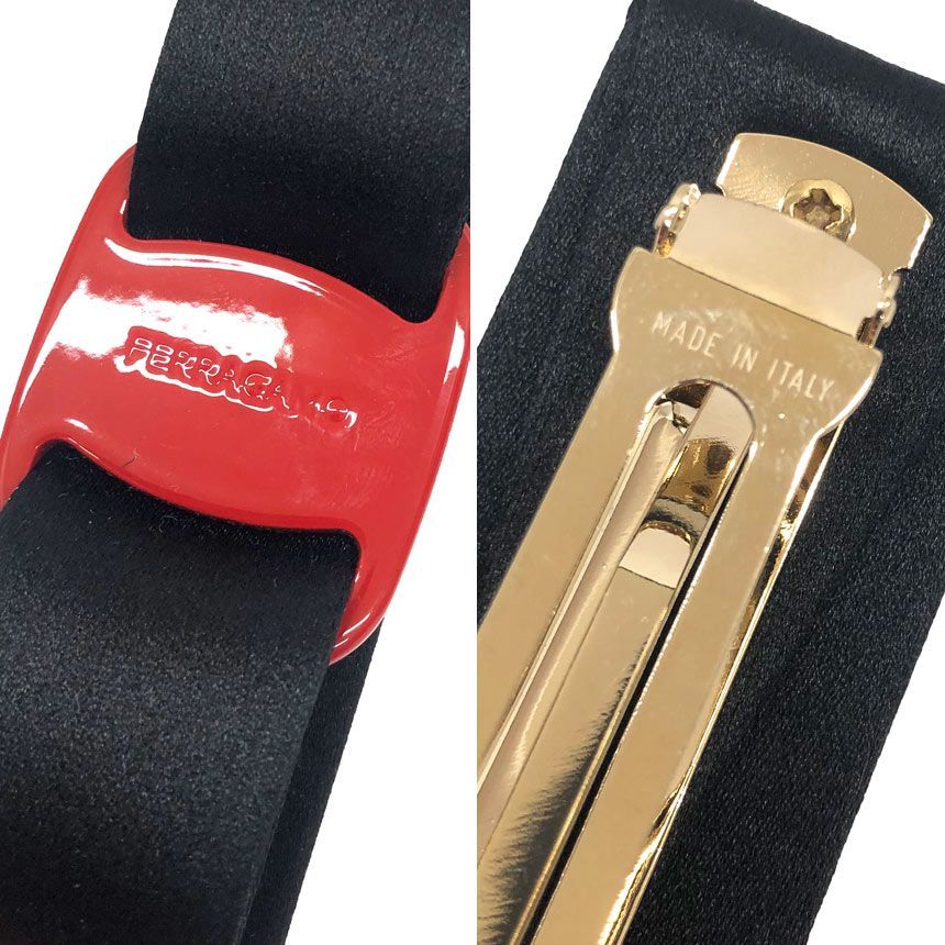 新品 フェラガモ リボン バレッタ ブラック レッド 黒 赤 SalvatoreFerragamo フェラガモ ヴァラ リボン バレッタ ブラック×赤