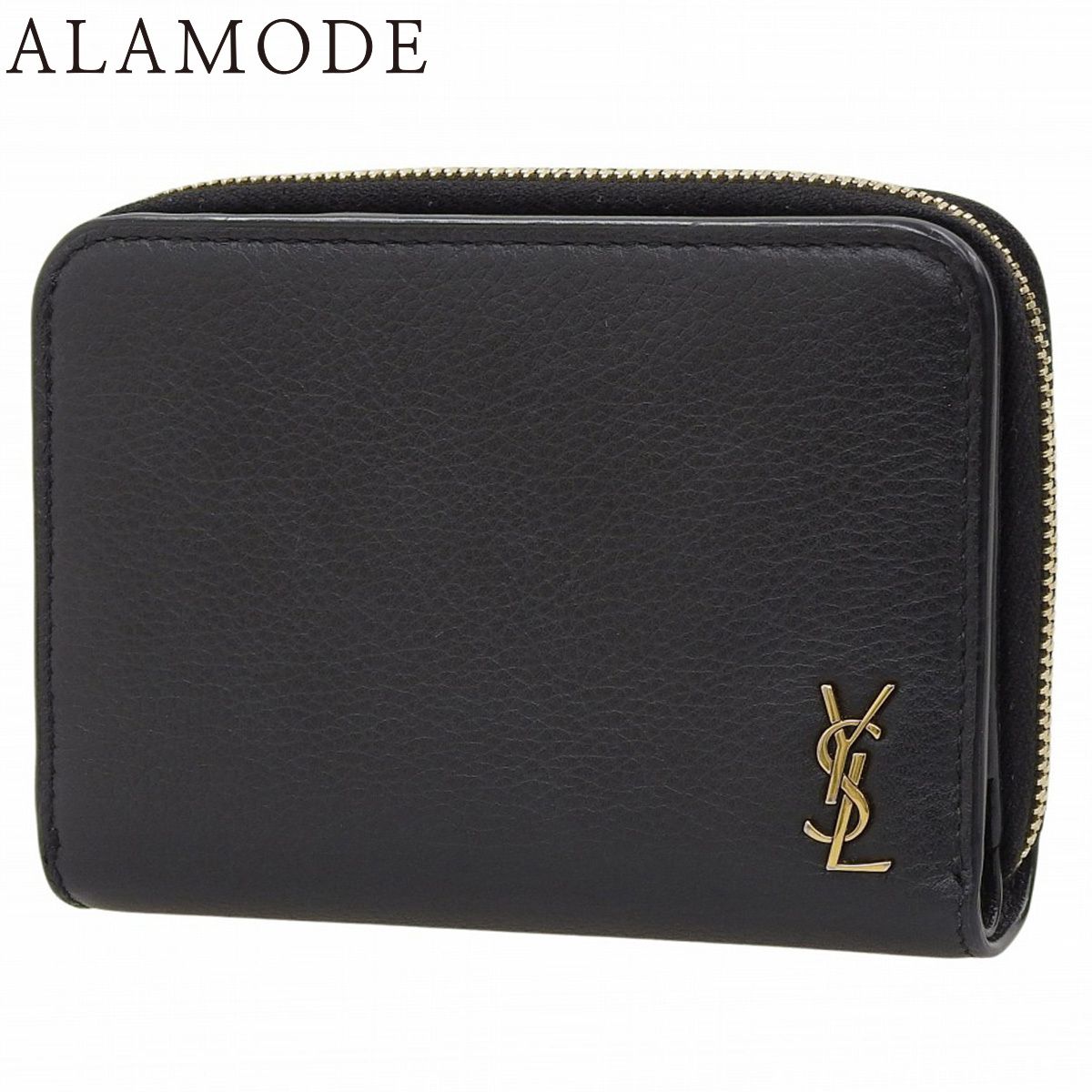 SAINT LAURENT PARIS サンローランパリ タイニーモノグラム 2つ折り財布 コンパクトウォレット 二つ折り 小物 YSL 折りたたみ財布 レザー ブラック黒 ゴールド金具 レディース アラモード