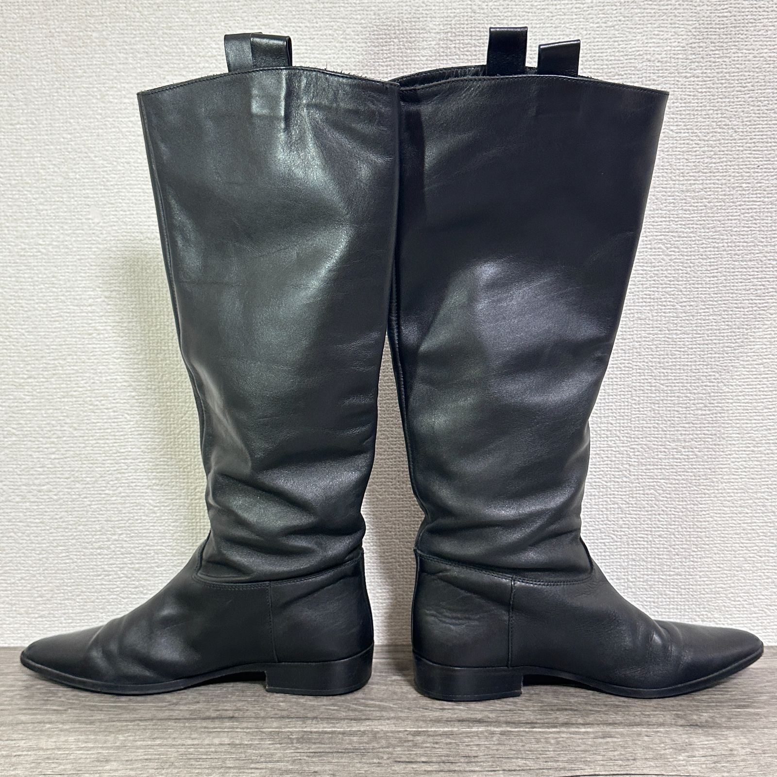  オデットエオディール別注 FABIO RUSCONI イタリア製 ポインテッドトゥローヒールロングブーツ レザー プルストラップ付き 38 24.5-25 cm ロングブーツ ブーツ