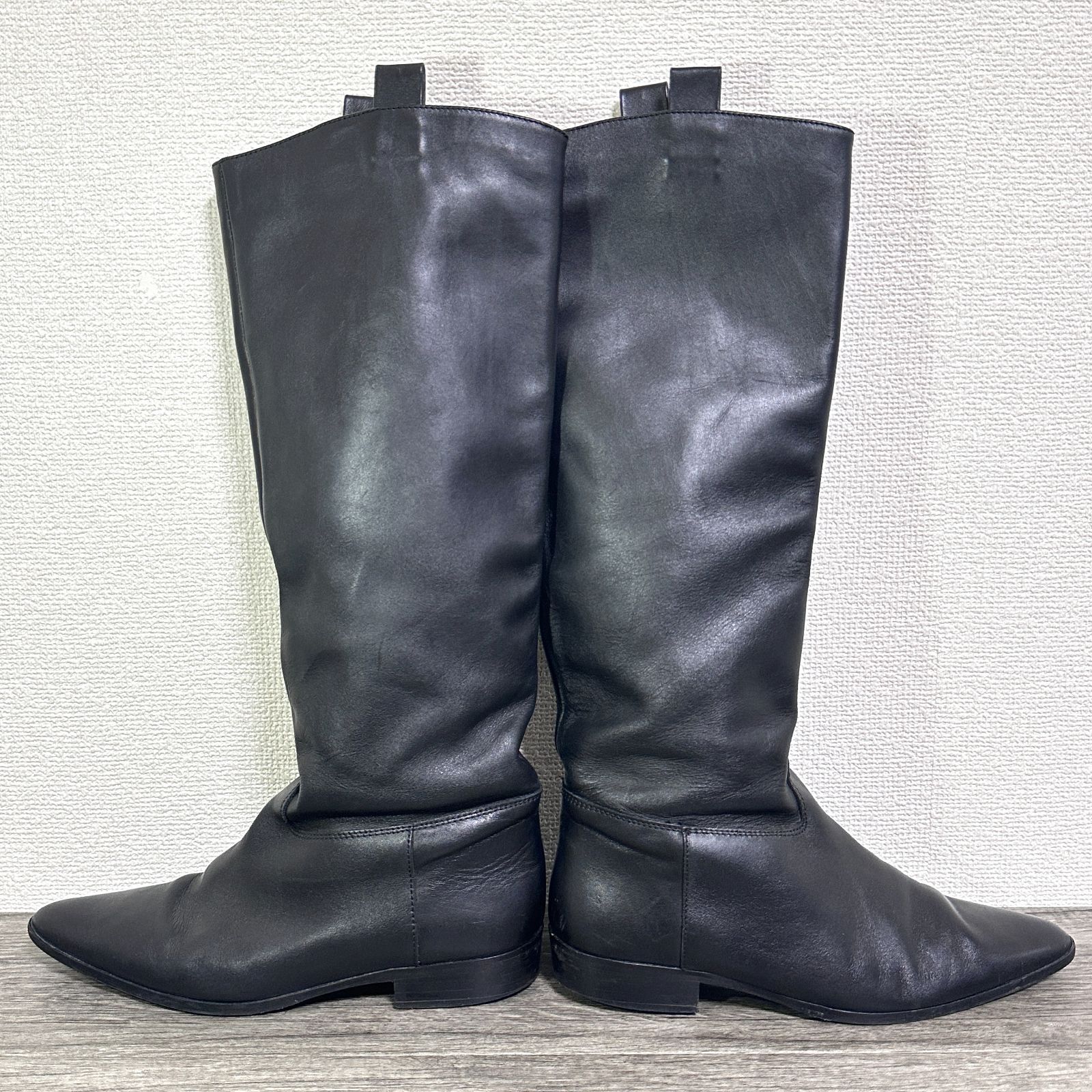 イタリア製 ポインテッドトゥローヒールロングブーツ