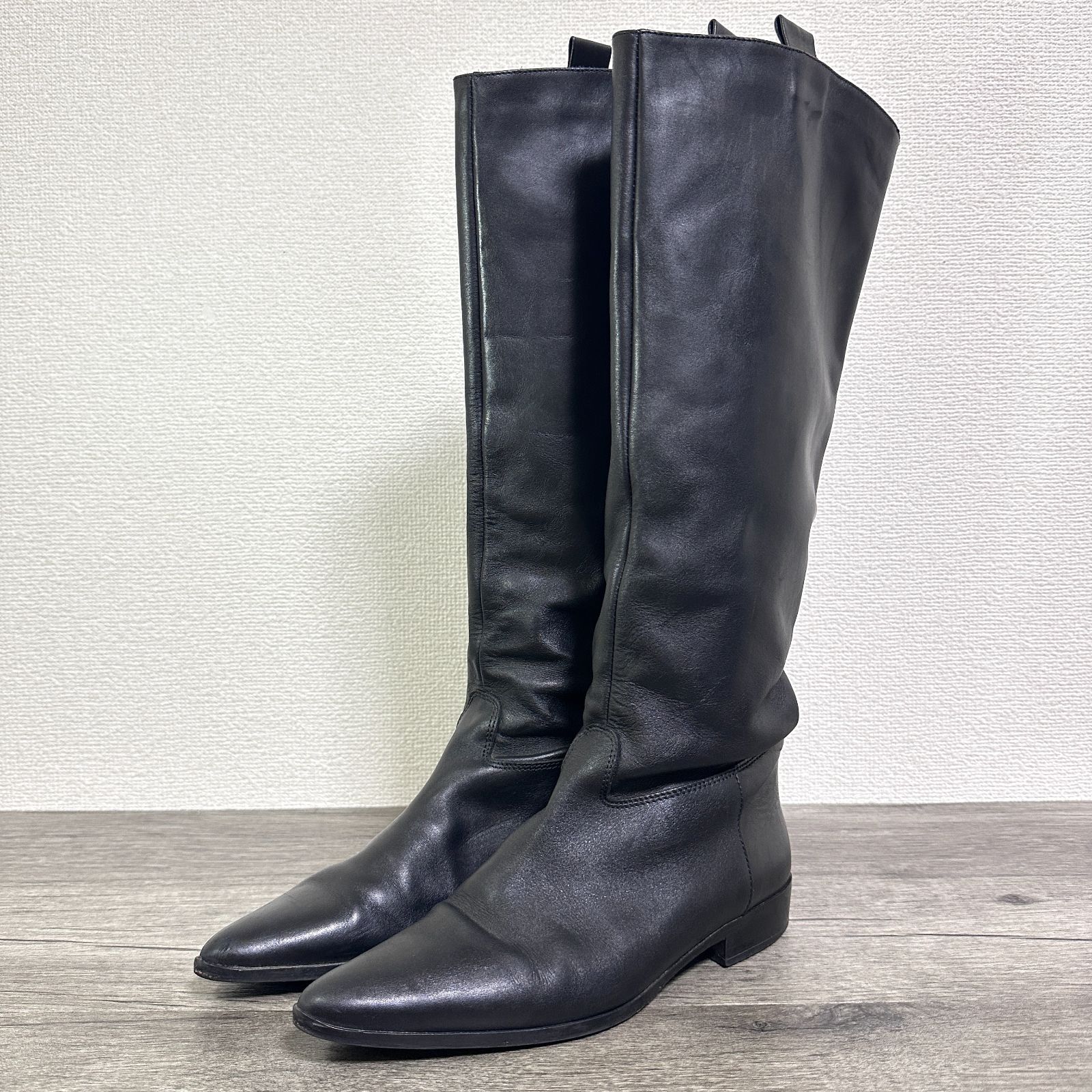 オデットエオディール別注 FABIO RUSCONI イタリア製 ポインテッドトゥローヒールロングブーツ レザー プルストラップ付き 38 24.5-25 cm