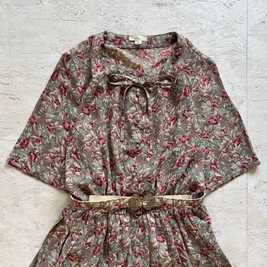 昭和レトロ 花柄 ワンピース 半袖 リボン付き ウエストベルト付き フ J2