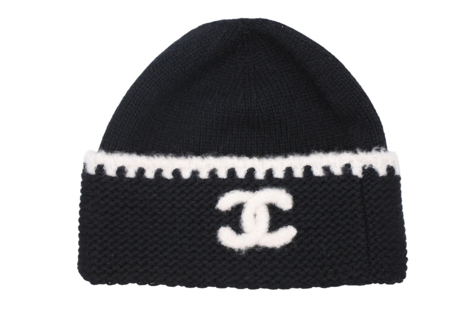 CHANEL シャネル ニットキャップ ビーニー AA 9203 ココマーク カシミヤ シルク ブラック アイボリー 4 b 009985