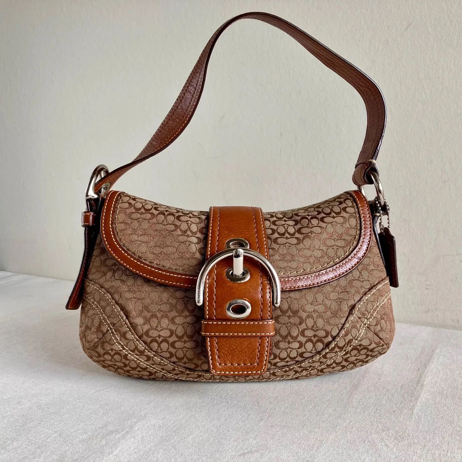 Vintage Coach Mini Soho Flap Shoulder Bag Tan Brown Leather Canvas 