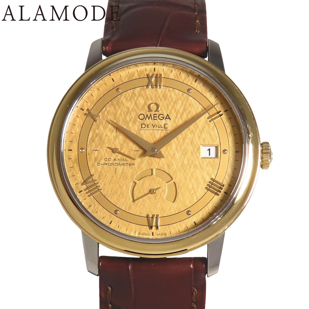 保証書付 オメガ デヴィル プレステージ 39.5 424.23.40.21.08.001 YG SS 革 ゴールド 自動巻き メンズ アラモード