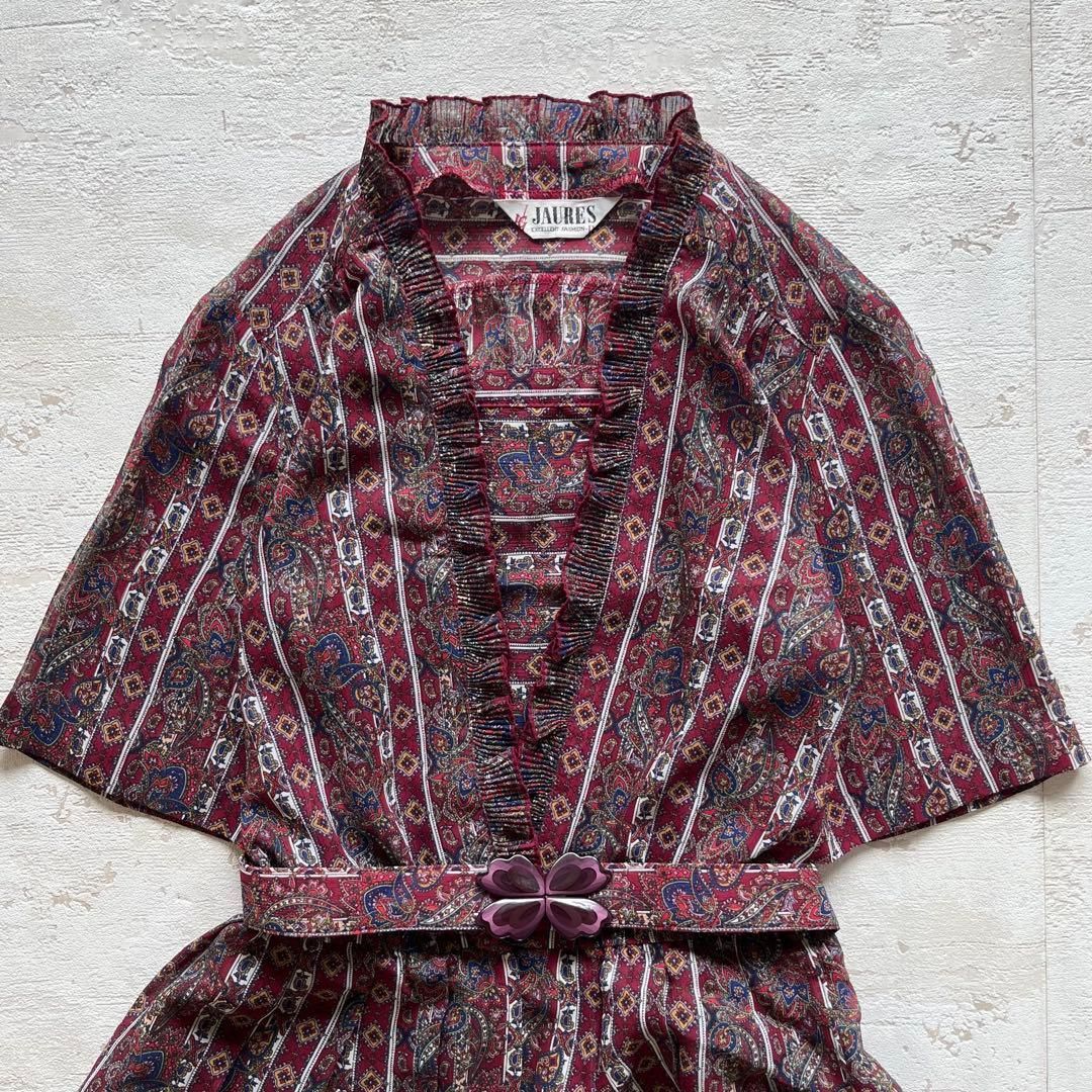 昭和レトロ ワンピース ペイズリー柄 ボルドー フリル襟 ウエストリボン付きJ 2