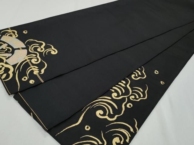 平和屋着物◎太鼓柄 本袋帯 綴れ 立波片輪車文 黒地 金糸 正絹 逸品