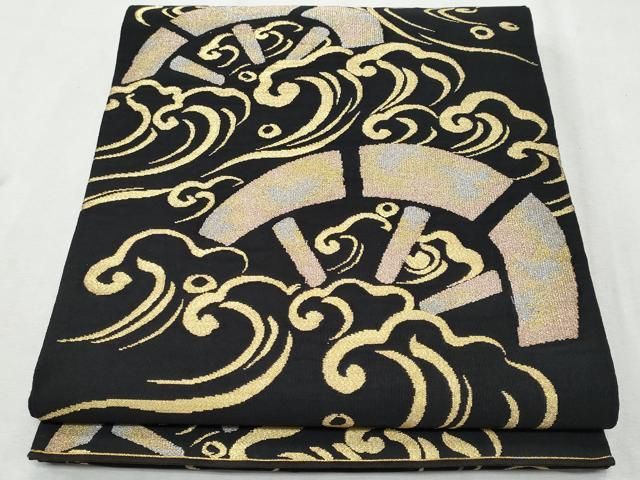 平和屋着物◎太鼓柄 本袋帯 綴れ 立波片輪車文 黒地 金糸 正絹 逸品