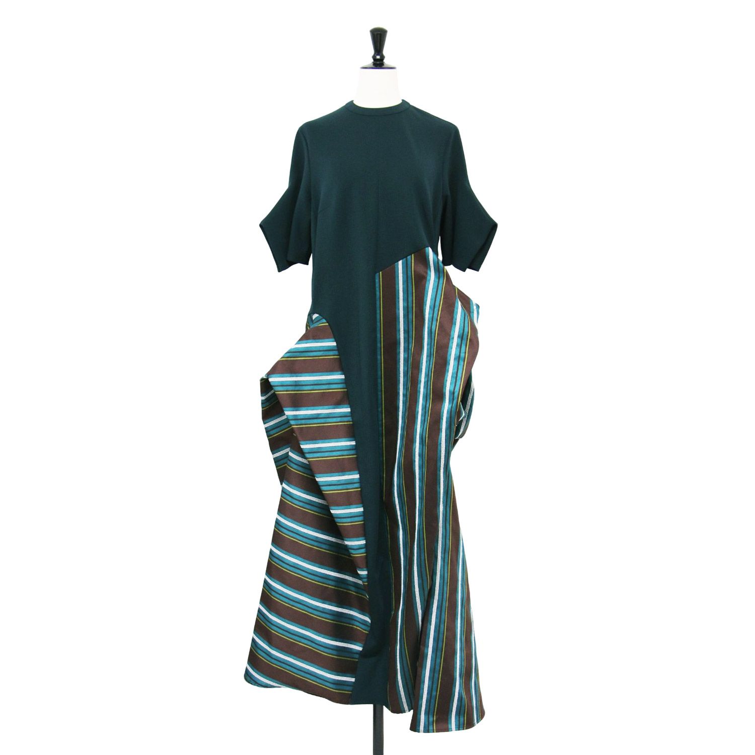 UN3D. アンスリード ワンピース グリーン サイズ 38 M 23秋冬 マルチストライプ ドッキング ワンピース ロング 半袖 クルーネック アシンメトリー トップス ドレス レディース