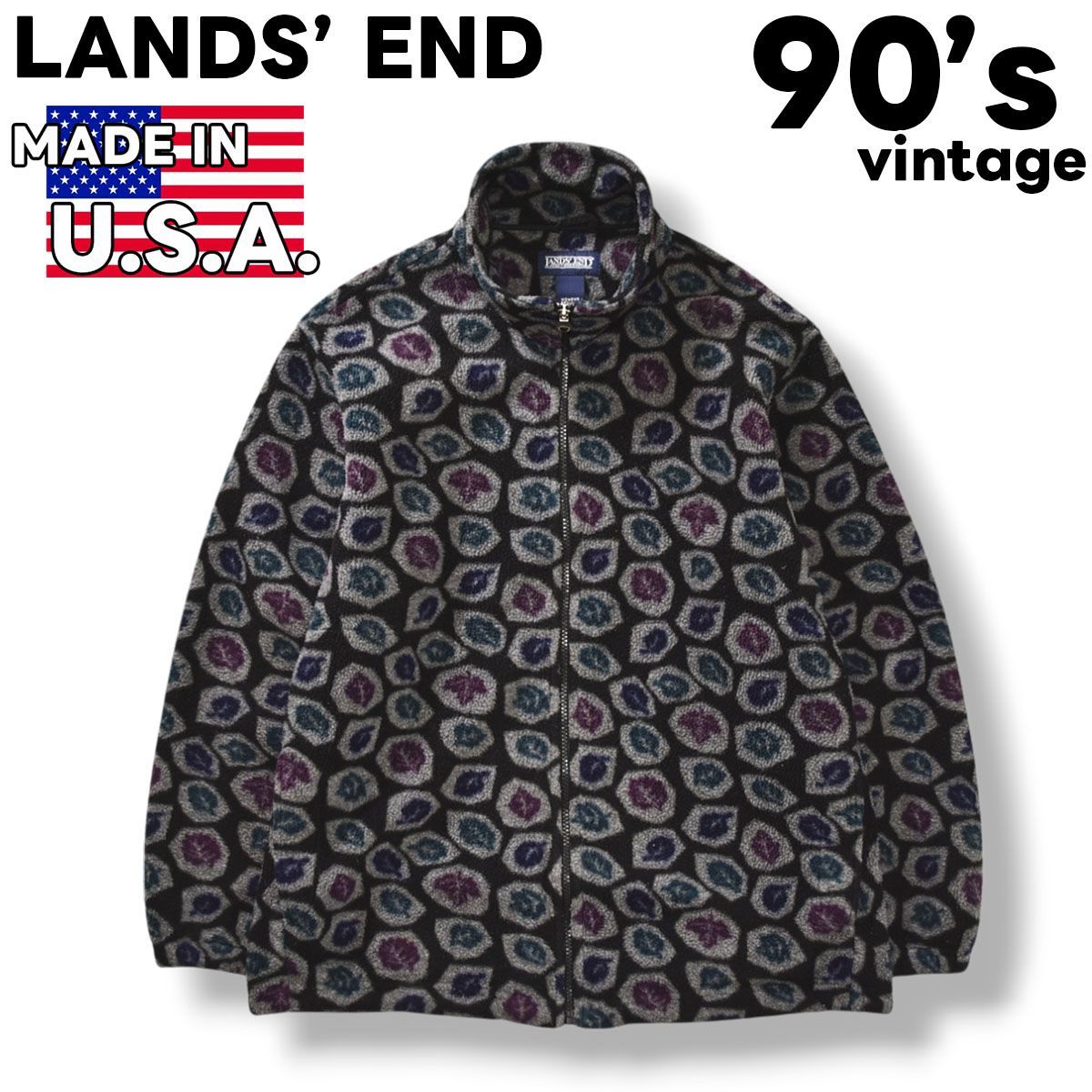 90 s ヴィンテージ ランズエンド LANDS END ポーラテック POLARTEC フリース ジャケット ジップアップ M 総柄 マルチ アウトドア カジュアル ウェア レディース