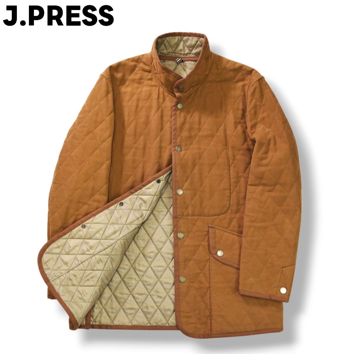 ジェイプレス J PRESS スタンド モールスキン コットン キルティング ジャケット 中綿 M キャメル x グレンチェック柄 ベージュ アメリカン カジュアル ウェア メンズ