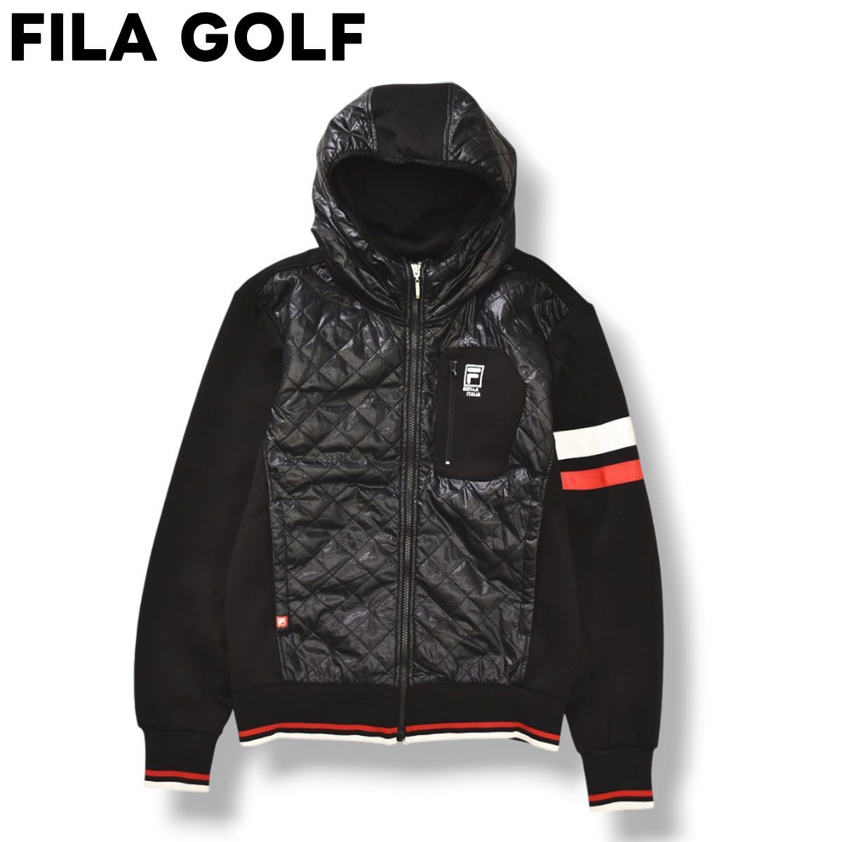 フィラ ゴルフ FILA GOLF フーデット キルティング ジャケット ジップ パーカー スウェット トレーナー 中綿 M ブラック スポーツ カジュアル ウェア ジャンパー メンズ