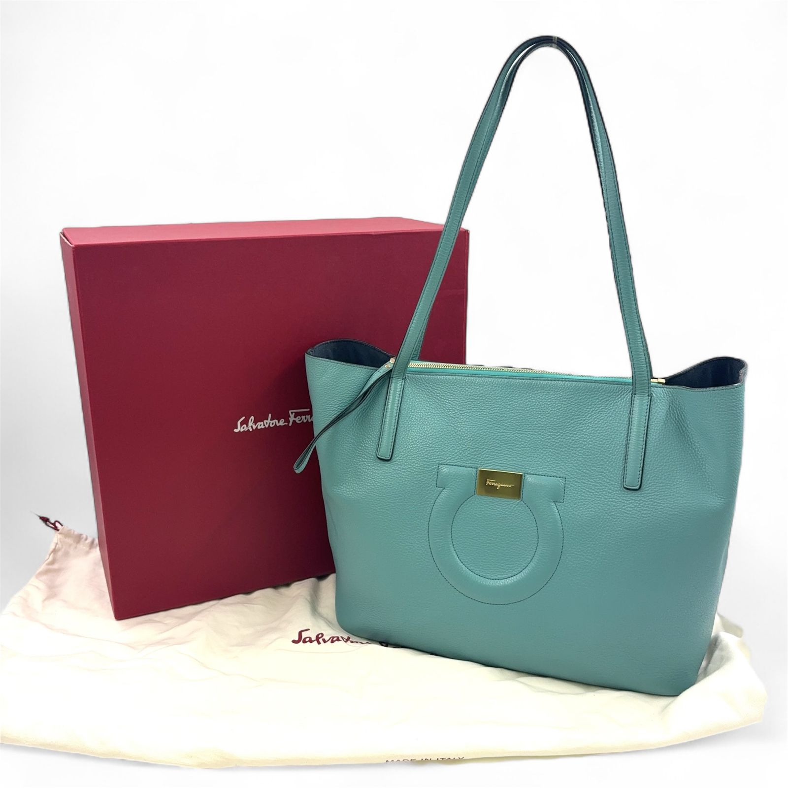 Salvatore Ferragamo ガンチーニ レザー ブルー トートバッグ ゴールド