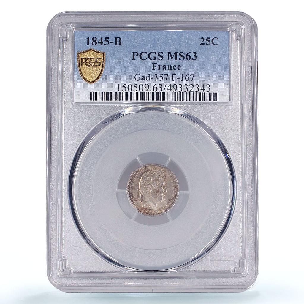 フランス 25セント レギュラーコイン ルイ フィリップ KM 755 MS 63 PCGS 銀貨 1845年